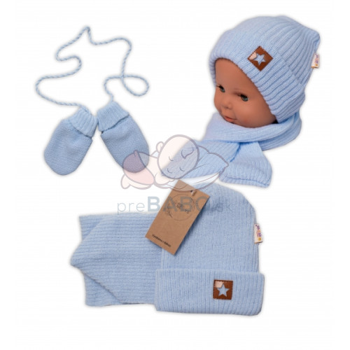 Baby Nellys Pletená čiapka so šálom a rukavičky 3v1, STAR - sv. modrá