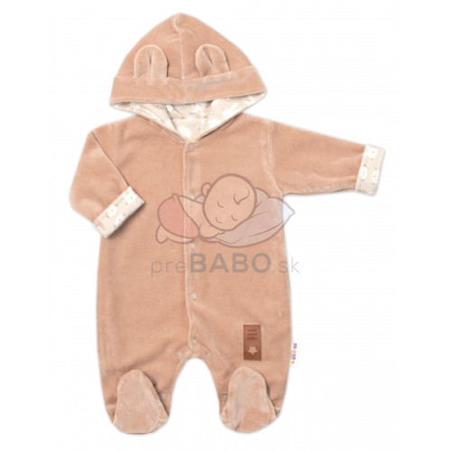 Baby Nellys Dvojvrstvový velúrový overal s kapucňou New Bunny, hnedý, veľ. 86