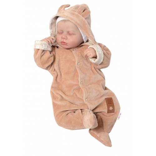 Baby Nellys Dvojvrstvový velúrový overal s kapucňou New Bunny, hnedý, veľ. 86