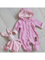 Baby Nellys Dvojvrstvový velúrový overal s kapucňou New Bunny, ružový, veľ. 68