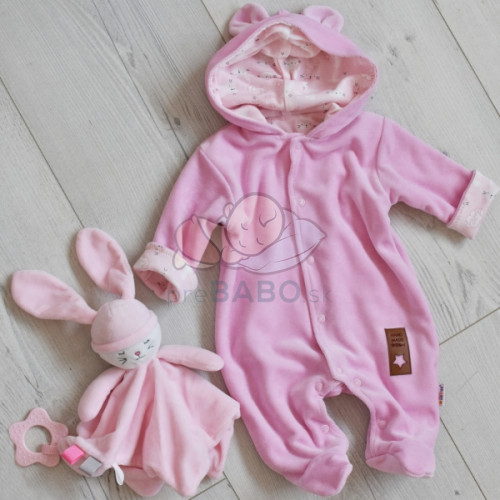Baby Nellys Dvojvrstvový velúrový overal s kapucňou New Bunny, ružový, veľ. 68