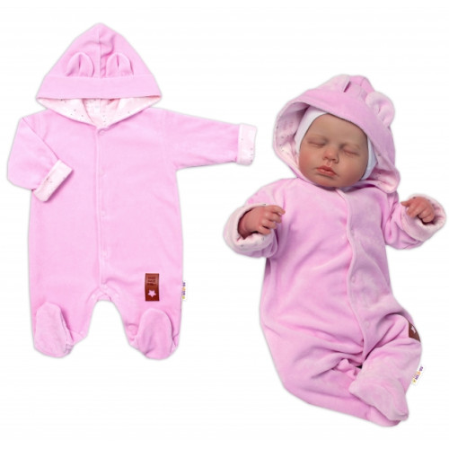 Baby Nellys Dvojvrstvový velúrový overal s kapucňou New Bunny, ružový, veľ. 68