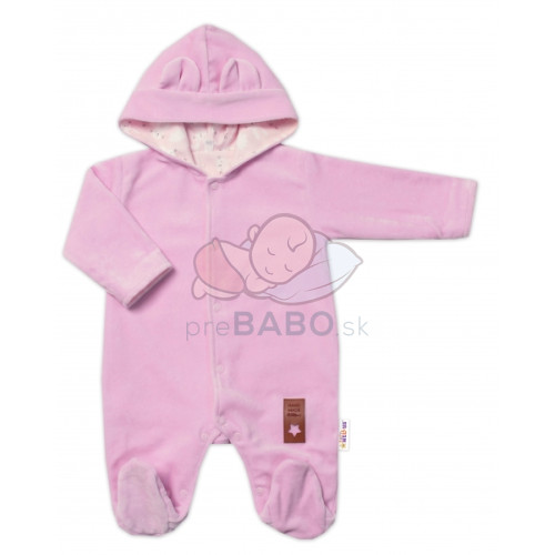 Baby Nellys Dvojvrstvový velúrový overal s kapucňou New Bunny, ružový, veľ. 80