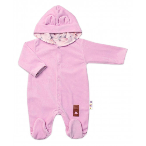 Baby Nellys Dvojvrstvový velúrový overal s kapucňou Bunny, ružový, veľ. 74
