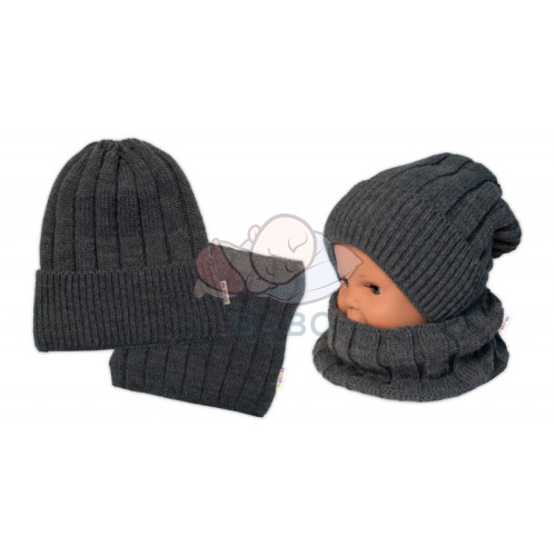 BABY NELLYS Zimná nadčasová čiapka + komín, tm. sivá