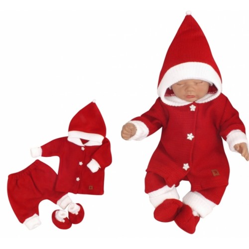 Z&Z 3-dielna pletená súprava, kabátik, nohavice a topánočky Baby Santa, červená