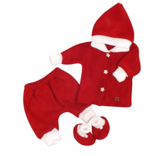 Z&Z 3-dielna pletená súprava, kabátik, nohavice a topánočky Baby Santa, červená