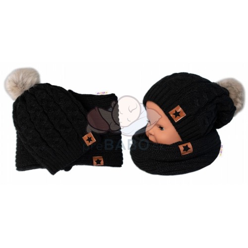BABY NELLYS Zimná dvojvrstvová čiapka s brmbolcom + komínček Star, čierna