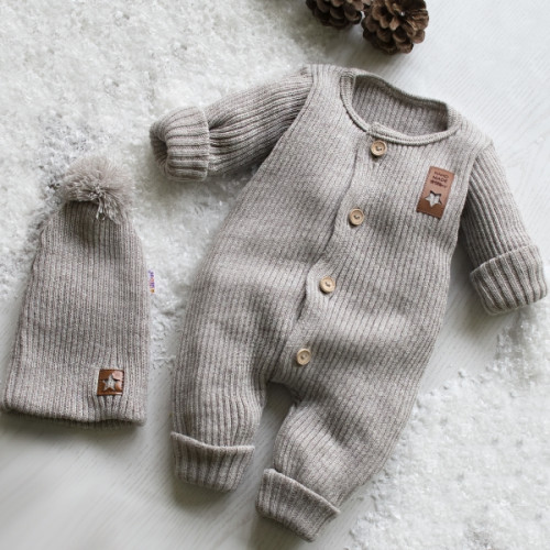 Baby Nellys 2-dielna sada Pletený overálek STAR + čiapky Hand Made, bežový, veľ. 80/86