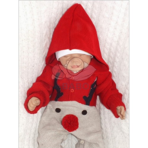 Z&Z Detský pletený Vianočný overálek s kapucňou a gombíkmi Baby Sob, červený, veľ. 62
