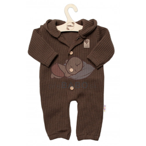 Baby Nellys Pletený overálok s kapucňou a gombíkmi Hand Made, hnedý