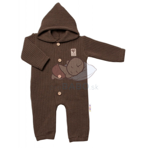 Baby Nellys Pletený overálok s kapucňou a gombíkmi Hand Made, hnedý, veľ. 68/74