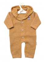 Baby Nellys Pletený overálok s kapucňou a gombíkmi Hand Made, medový žihaný, veľ. 68/74