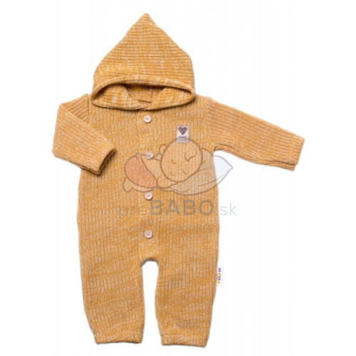 Baby Nellys Pletený overálok s kapucňou a gombíkmi Hand Made, medový žihaný, veľ. 68/74
