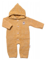 Baby Nellys Pletený overálok s kapucňou a gombíkmi Hand Made, medový žihaný, veľ. 80/86