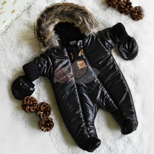 Zimná kombinéza s dvojitým zipsom, kapucňou a kožušinou+rukavičky, Z&Z Angel,čierny,veľ.74