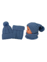 Pletená zimná čiapka s brmbolcom + komínček BABY NELLYS - modrá, jeans,veľ. 48-52cm