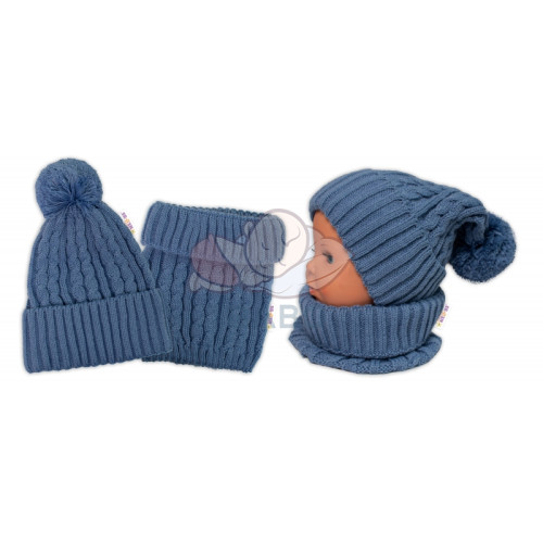 Pletená zimná čiapka s brmbolcom + komínček BABY NELLYS - modrá, jeans,veľ. 48-52cm