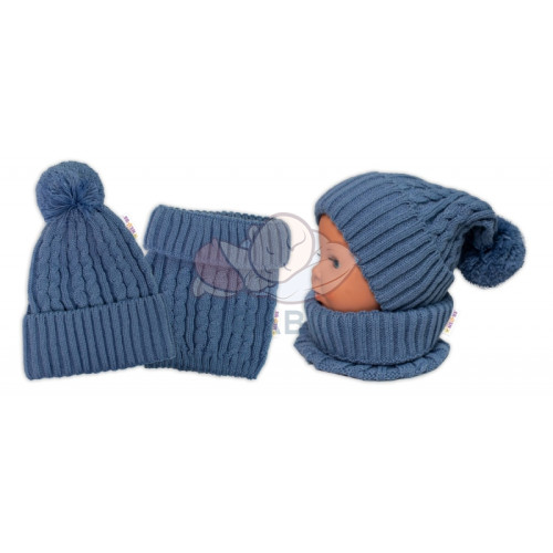 Pletená zimná čiapka s brmbolcom + komínček BABY NELLYS - modrá, jeans,veľ. 48-52cm