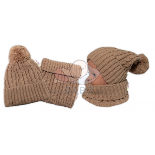 Pletená zimná čiapka s brmbolcom + komínček BABY NELLYS - bežová,veľ. 48-52cm