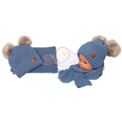 Zimná čiapka s kožušinovými brmbolcami + šál Baby Nellys Star - modrá, 6/24 mesiacov
