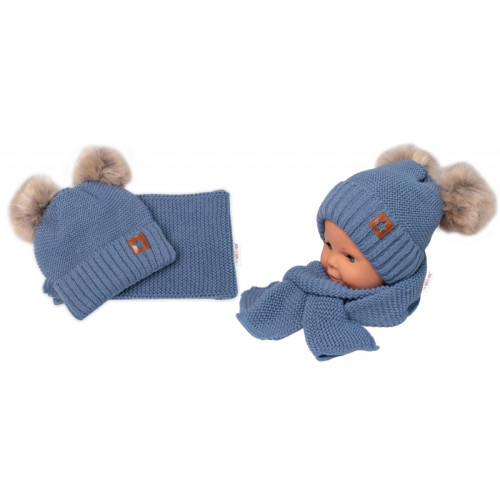 Zimná čiapka s kožušinovými brmbolcami + šál Baby Nellys Star - modrá, 6/24 mesiacov