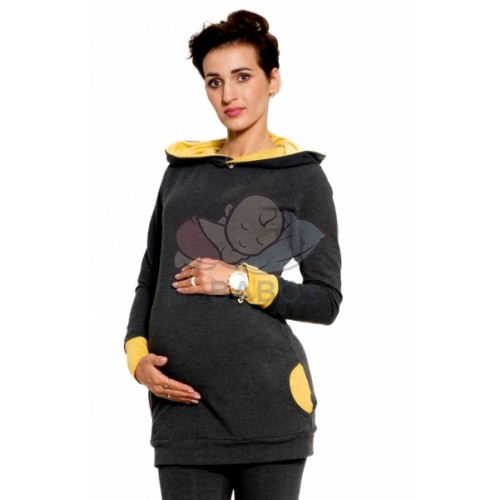 Tehotenská/dojčiaca mikina Be MaaMaa s kapucňou, Gianna - grafit/žltá, veľ. S