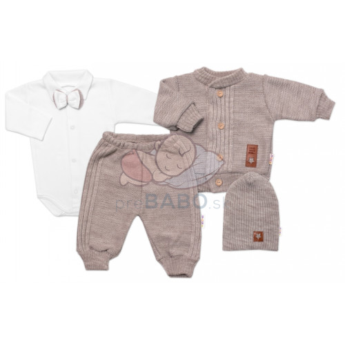 5-dielna pletená sada Baby Nellys, Boy, body, nohavice, sveter, čiapka, motýlik, béžová,62