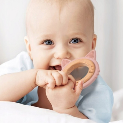 Drevené, silikónové hryzátko BabyOno - Mačička, púdrové