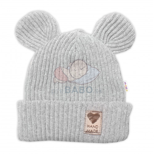 Pletená bavlněná čiapka s uškami, dvojvrstvová, Hand Made Baby Nellys, šedá,veľ. 80/86