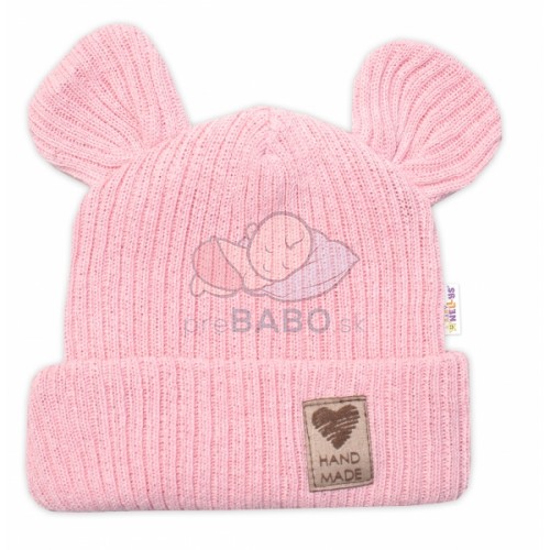 Pletená bavlněná čiapka s uškami, dvojvrstvová, Hand Made Baby Nellys, ružová
