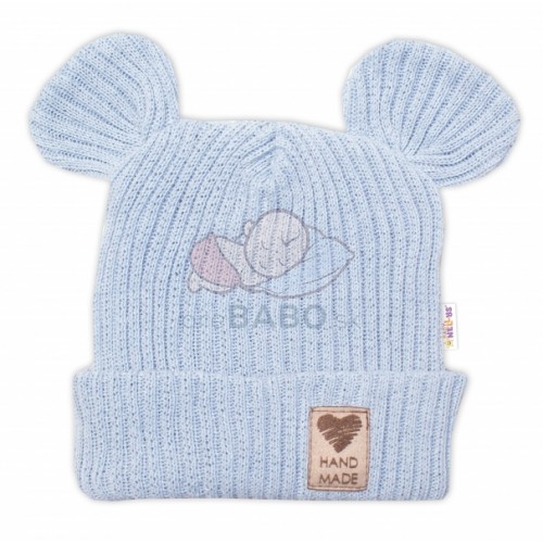 Pletená bavlněná čiapka s uškami, dvojvrstvová, Hand Made Baby Nellys, modrá