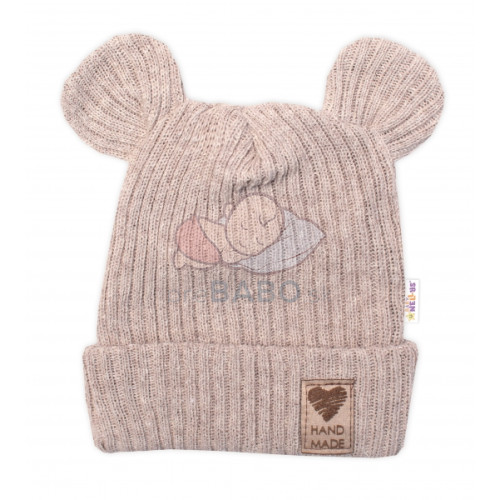 Pletená bavlněná čiapka s uškami, dvojvrstvová, Hand Made Baby Nellys, béžová