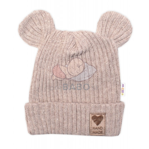 Pletená bavlněná čiapka s uškami, dvojvrstvová, Hand Made Baby Nellys, béžová