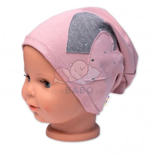 Detská čiapka bavlna, Srdiečka s kamienkami, Baby Nellys, púdrová