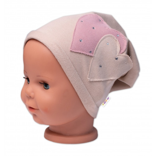 Detská čiapka bavlna, Srdiečka s kamienkami, Baby Nellys, béžová, veľ. 92/98