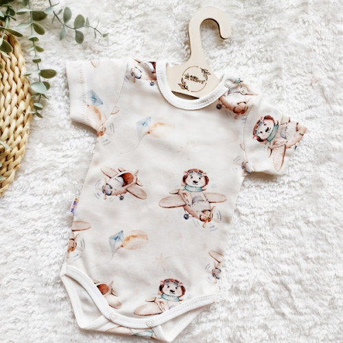 Body kr. rukáv, bavlna, zapínanie pri krku, Baby Nellys Piloti, krémové, veľ. 74