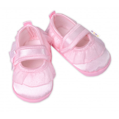 Dojčenské capáčky/topánočky s čipkou a mašľou, Baby Nellys, ružové, veľ. 62/68, 11,5 cm