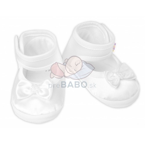 Dojčenské capáčky/topánočky saténové s mašličkou, Baby Nellys, biele, veľ. 68/74, 12,5 cm