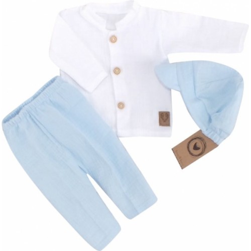 Mušelínová košeľa, nohavice + čiapky, 3D sada, Boy Z&Z, biela/modrá