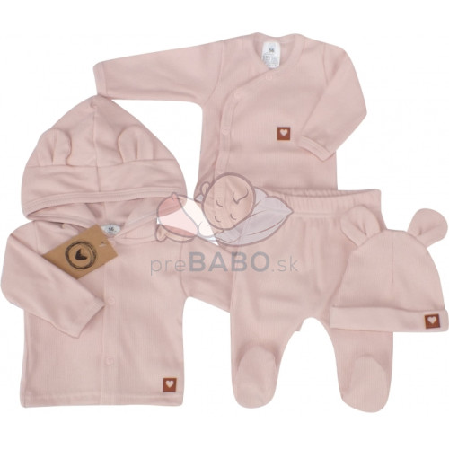 Sada do pôrodnice 4D, rebrovaná, body, polodupačky, kabátik a čiapočka, púdrová, 56