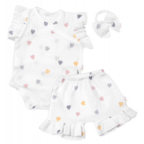 Zavinovacie body, kraťasky + čelenka, mušelín, Srdiečko, Baby Nellys, smotanové, veľ. 62