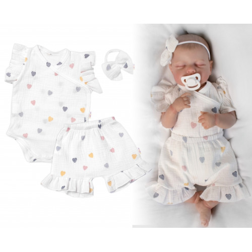 Zavinovacie body, kraťasky + čelenka, mušelín, Srdiečko, Baby Nellys, smotanové, veľ. 86