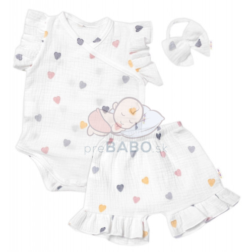 Zavinovacie body, kraťasky + čelenka, mušelín, Srdiečko, Baby Nellys, smotanové, veľ. 86