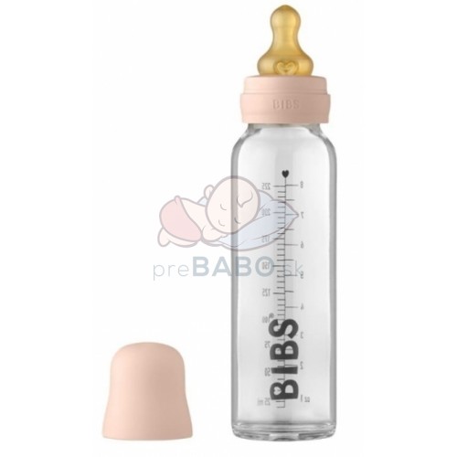 Sklenená antikoliková fľaštička BIBS - 225 ml s kaučukovým cumlíkom veľ. S, púdrovo ružová