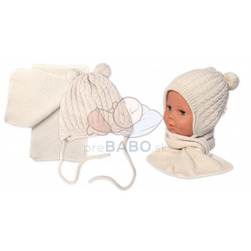 Zimní čepice na zavazování s bambulky + šál, Baby Nellys - béžová