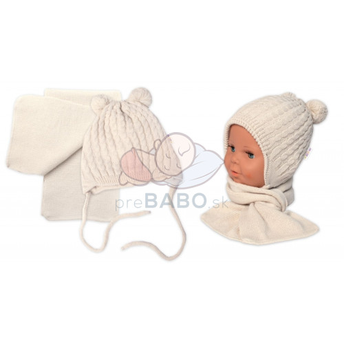 Zimní čepice na zavazování s bambulky + šál, Baby Nellys - béžová