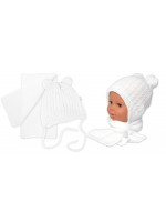 Zimná čiapka na zaväzovanie s brmbolcami + šál, Baby Nellys - biela, vel. 74/80