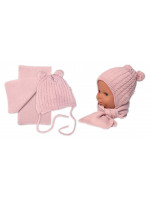 Zimná čiapka na zaväzovanie s brmbolcami + šál, Baby Nellys - púdrovo ružová, vel. 62/68