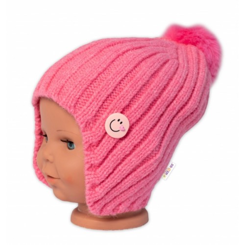 Detská zimná čiapka s brmbolcom Smile, Baby Nellys - ružová, veľ. 48-54 cm